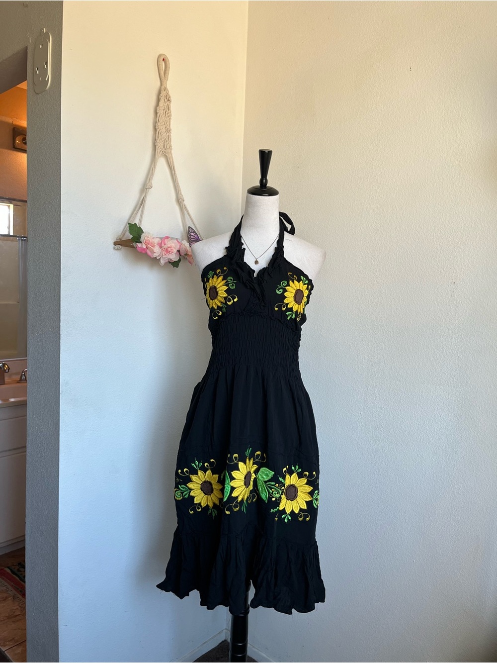 Black Sunflower Halter Midi Dress